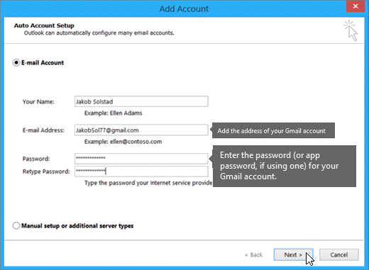 Auto Account setup page in outlook