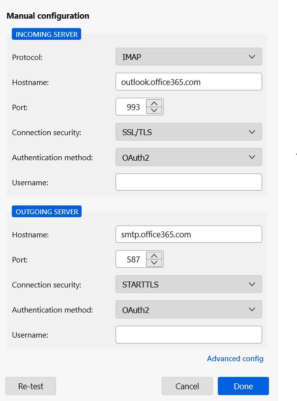 Manual configuration in  Thunderbird