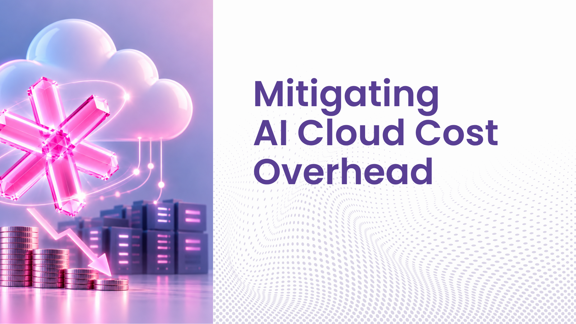 AI cloud cost optimization illustration showing cloud infrastructure, server racks, falling costs, and the concept of mitigating AI cloud cost overhead.